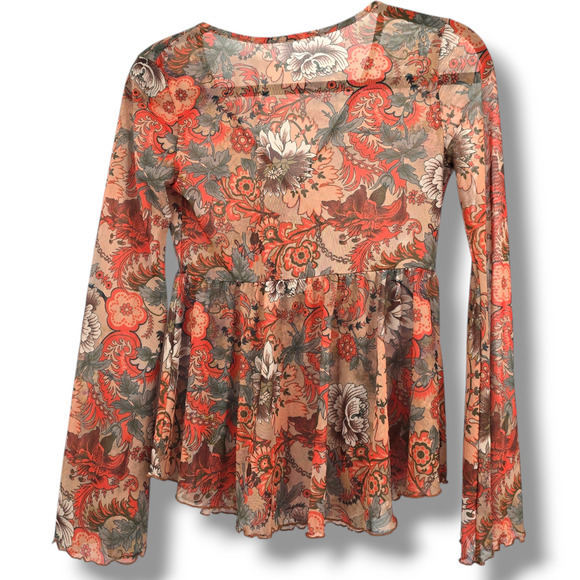 SHEIN Women's Mesh Sheer Floral Paisley Boho Bell Sleeve V Neck Top Size Small - Picture 2 of 11